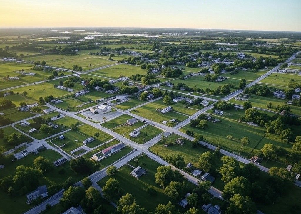 An aerial view of a residential area with lots of trees and houses.