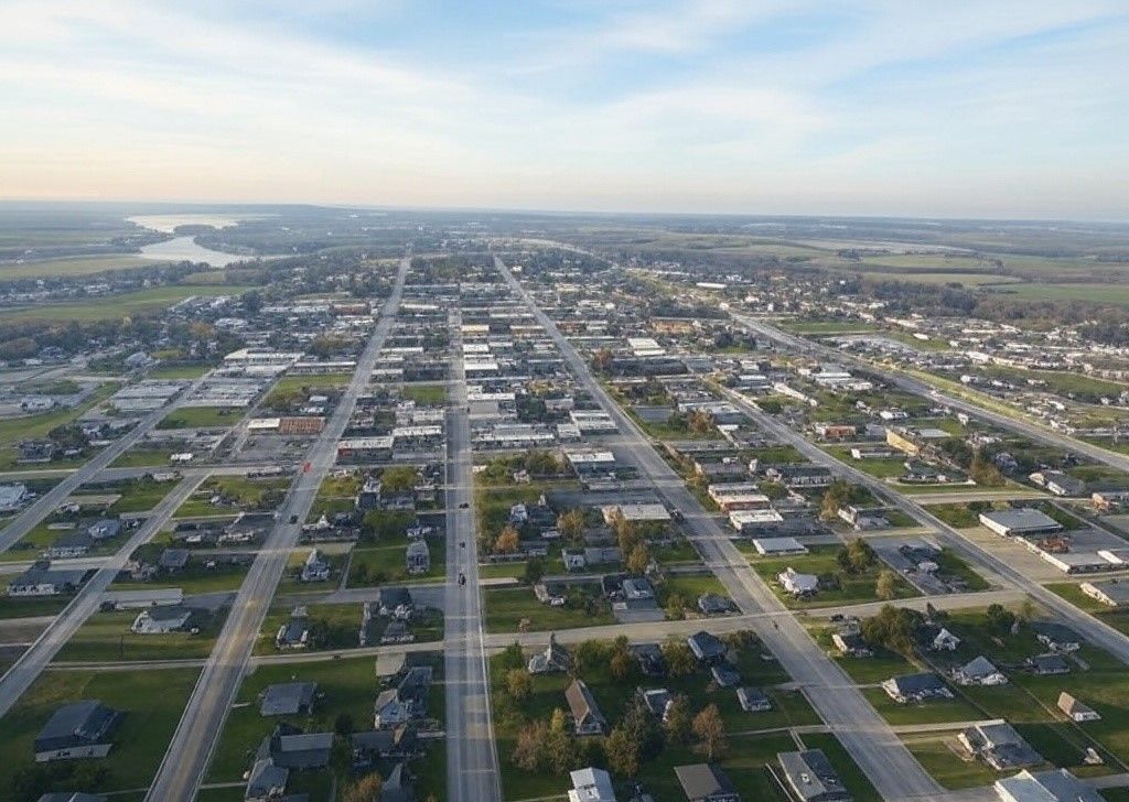 An aerial view of a small town with lots of houses