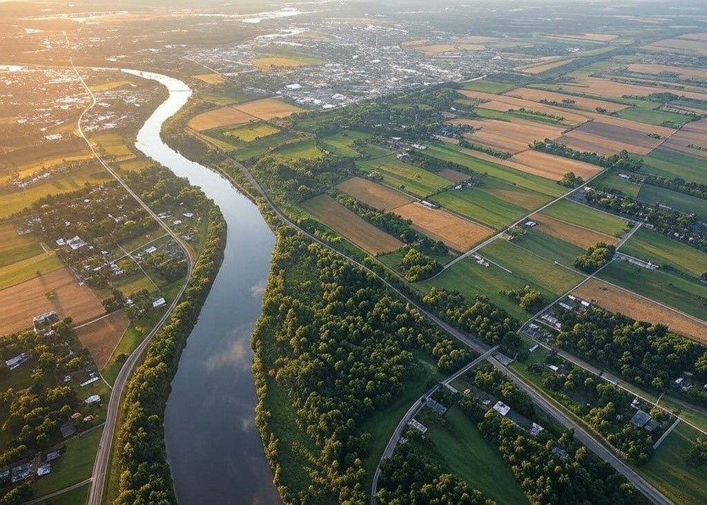 An aerial view of a river surrounded by fields and trees.