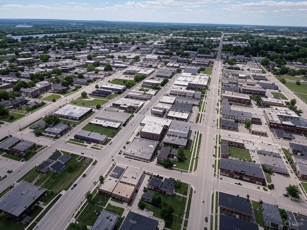 An aerial view of a city with lots of buildings and trees
