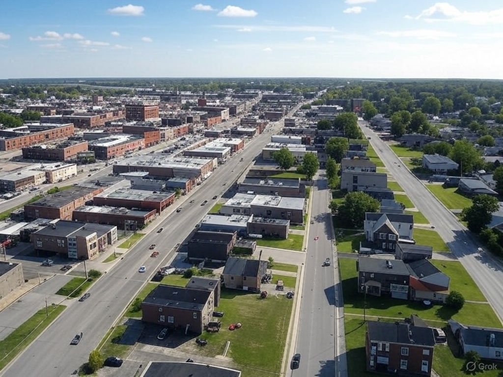 An aerial view of a small town with lots of buildings