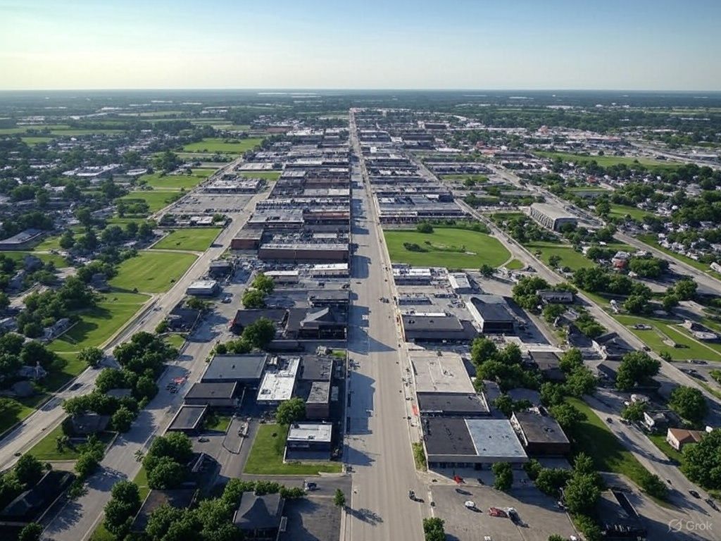 An aerial view of a small town with lots of buildings and trees
