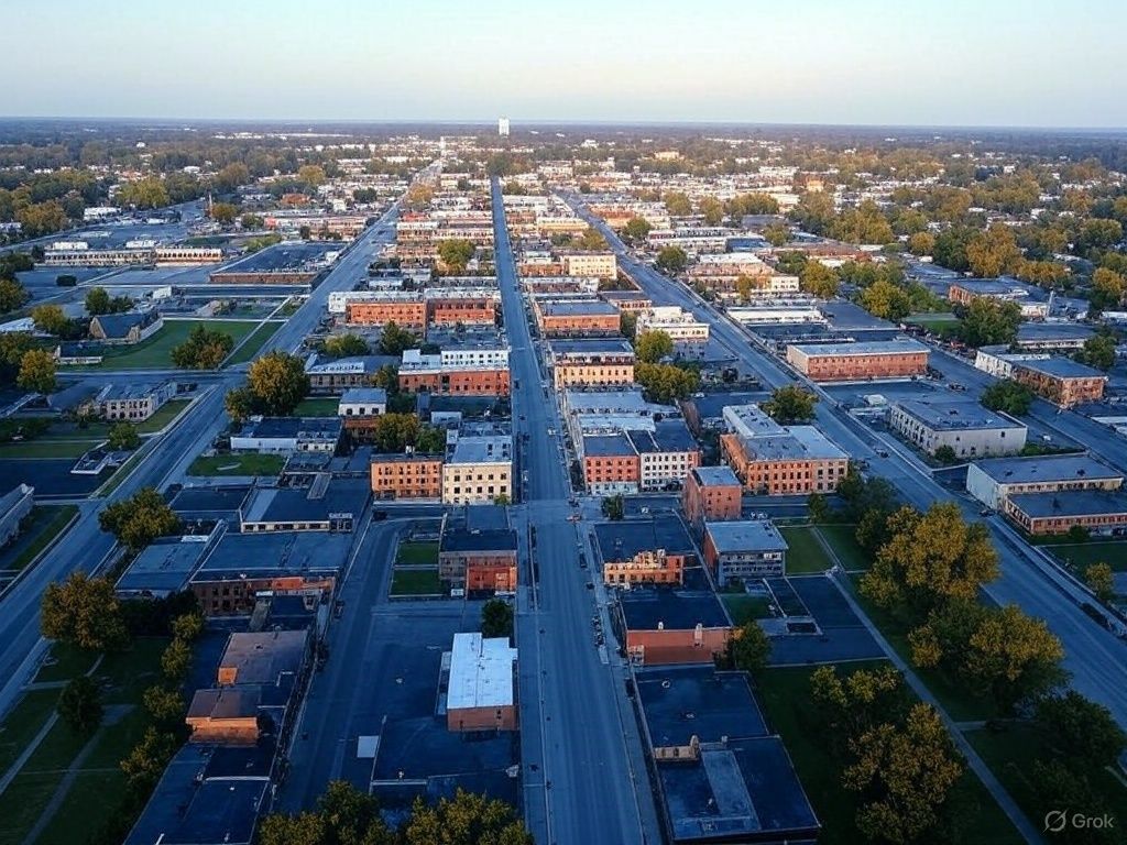 An aerial view of a small town with lots of buildings
