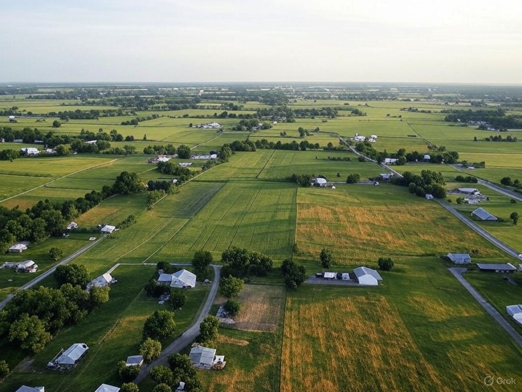 An aerial view of a lush green field with houses and trees.