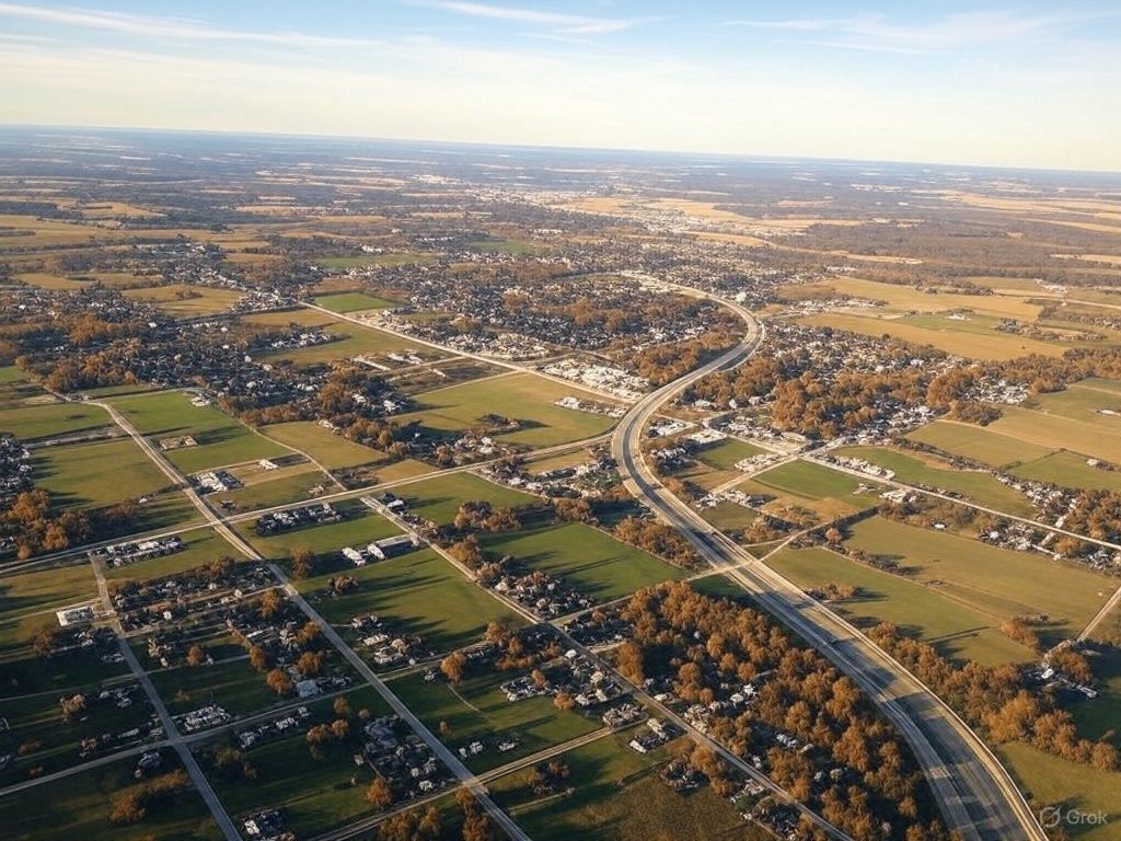 An aerial view of a residential area with a highway going through it