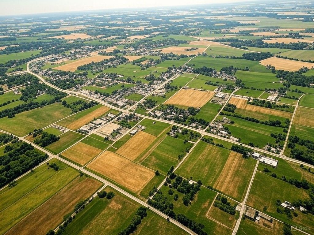 An aerial view of a small town surrounded by fields and trees