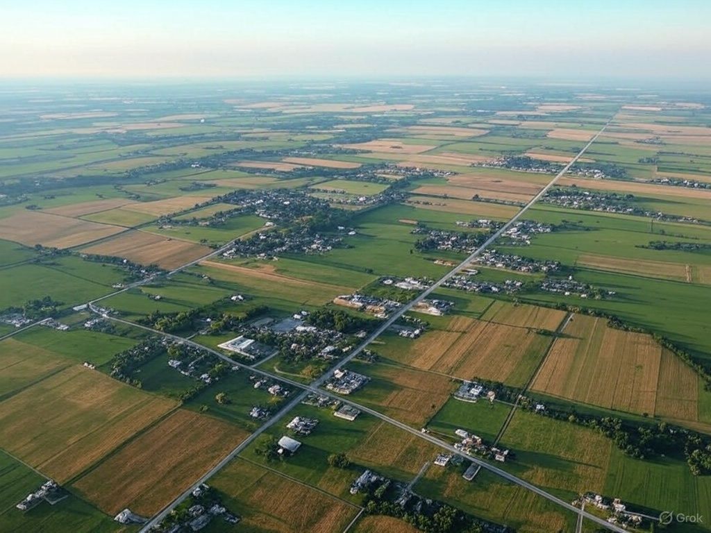 An aerial view of a small town surrounded by fields