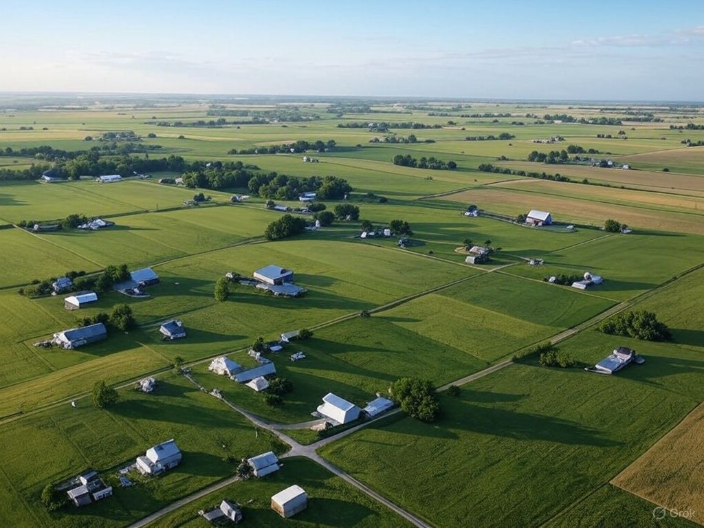 An aerial view of a farm with lots of fields and houses.