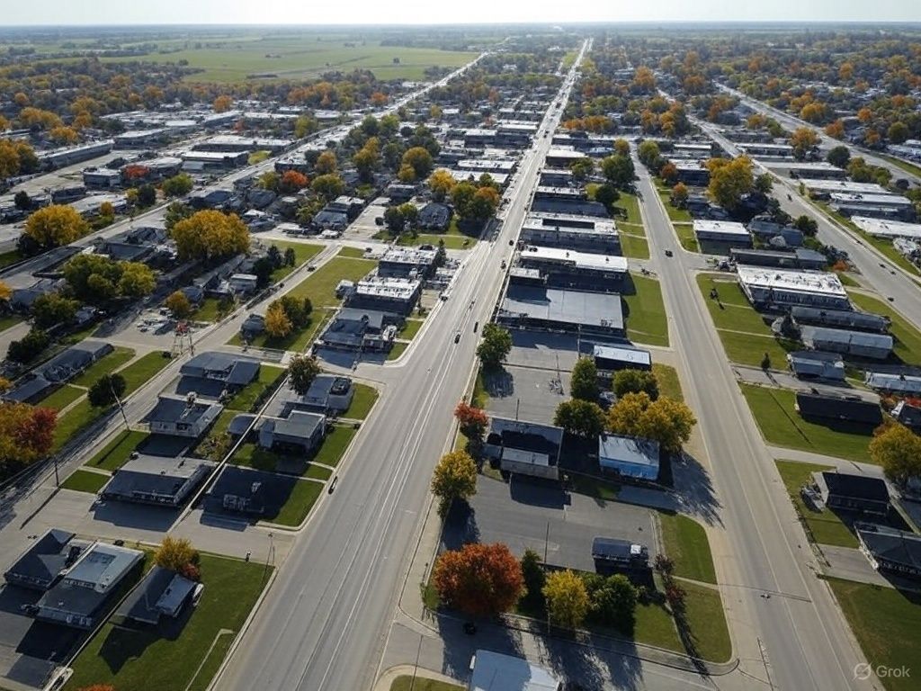 An aerial view of a residential area with lots of houses and a road.