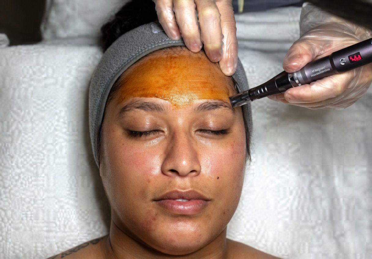 Person receiving orange facial treatment with a handheld device while lying on a spa bed