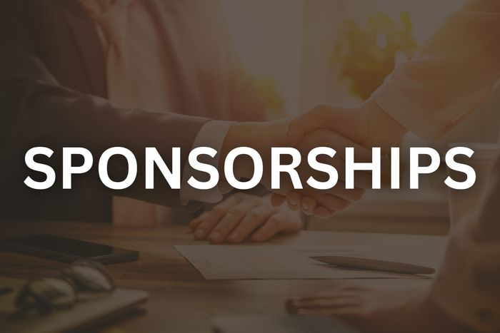 Photo of two handshaking with black overlay that reads sponsorships