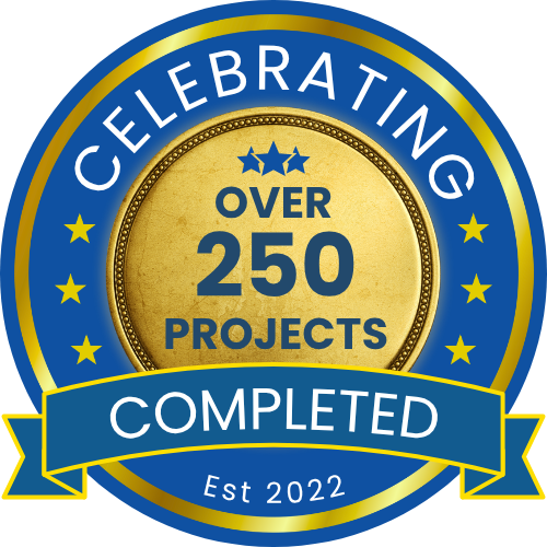 A badge that says celebrating over 250 projects completed
