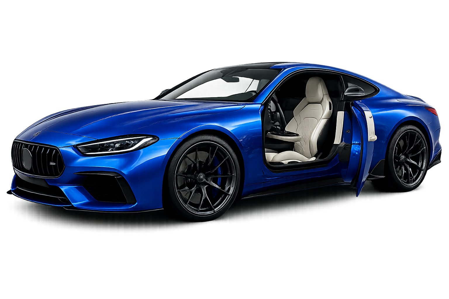 Blue sports coupe with driver-side door open, showing a beige interior on a white background