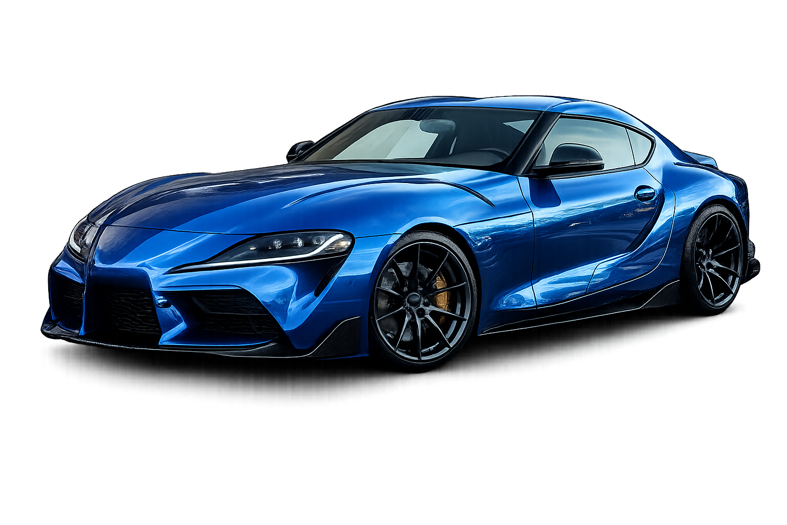 Blue sports car on a white background, shown in side profile.
