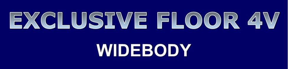 A blue sign that says exclusive floor 4v widebody