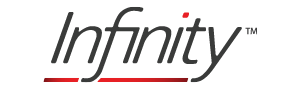 The infinity logo is black and red on a white background.
