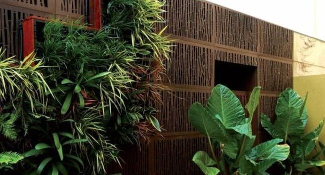 A building with a lot of plants on the side of it.
