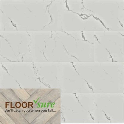 A picture of a white marble floor with a wooden floor in the background.