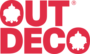 A red and white logo for out deco