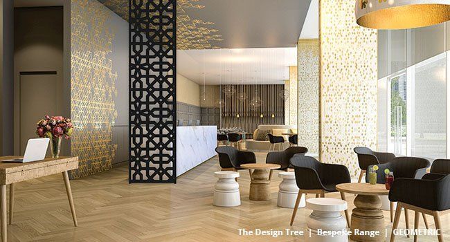 An artist 's impression of a hotel lobby with tables and chairs.