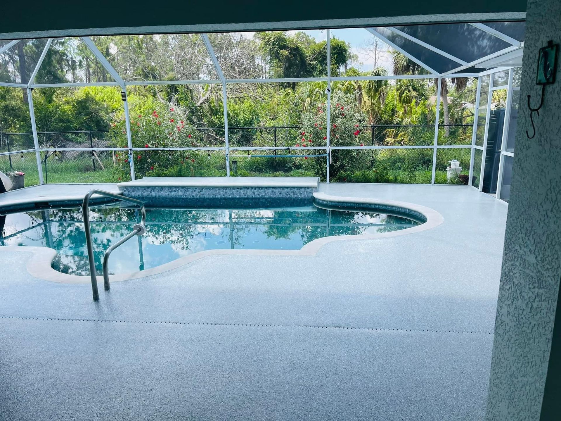 Swimming pool with screen enclosure and surrounding deck, framed by greenery.