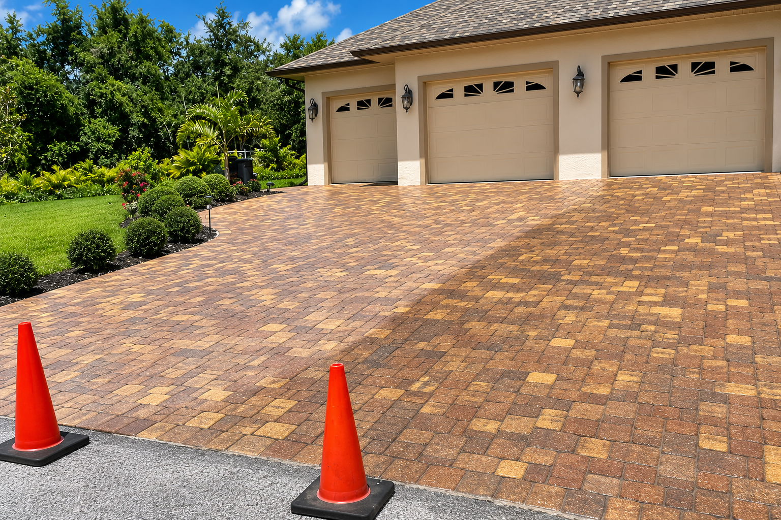 Patio with tiled pathway next to a pool. Hose attached to a wall.
