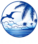 Seascape in a blue circle: ocean, palm trees, clouds, seagull in flight.
