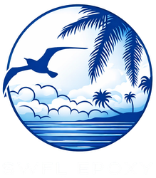 Seascape in a blue circle: ocean, palm trees, clouds, seagull in flight.