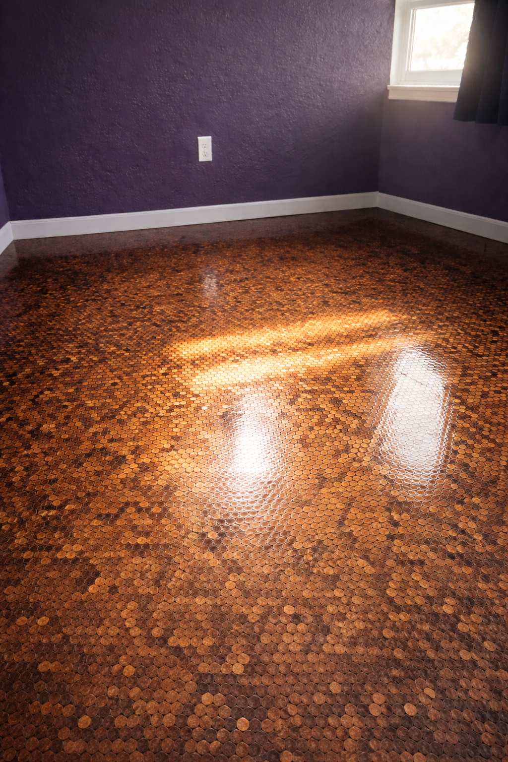 Penny-covered floor reflecting light, set in a room with purple walls and a white-trimmed window.