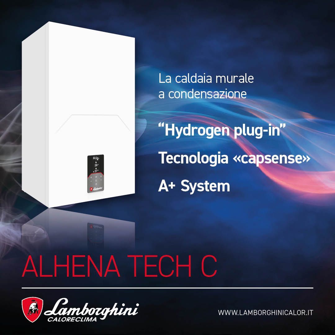 Pubblicità della caldaia a condensazione murale Lamborghini ALHENA TECH C con unità bianca su sfondo blu.