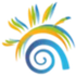 Logo astratto e colorato con una spirale blu e raggi giallo-verdi sopra di essa.