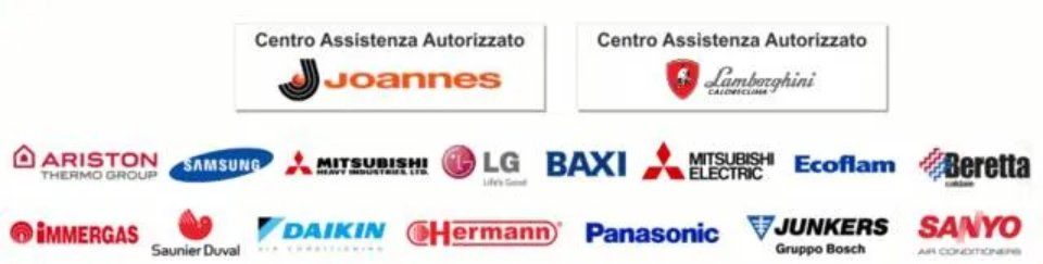 Loghi di marchi di elettrodomestici e centri di assistenza autorizzati su sfondo bianco.