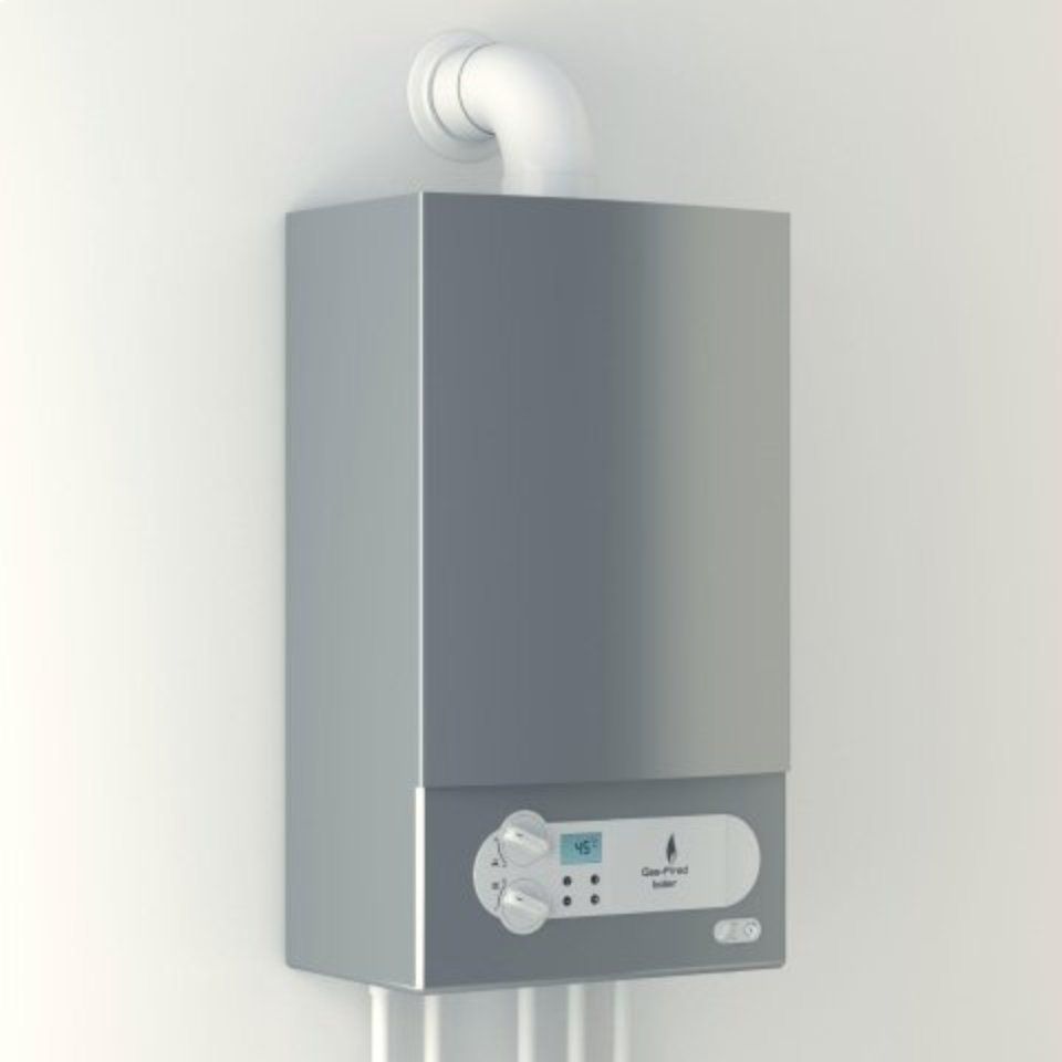 Scaldabagno a gas bianco a parete con pannello di controllo digitale e tubo di scarico.