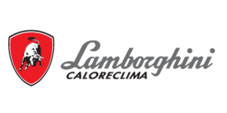 Logo Lamborghini Caloreclima con emblema a scudo rosso e testo in corsivo grigio.
