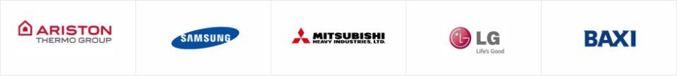 Loghi di Ariston, Samsung, Mitsubishi Electric, LG e Baxi su uno sfondo bianco.