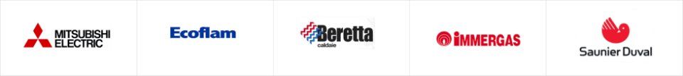Loghi di Mitsubishi Electric, Ecoflam, Beretta, Immergas e Saunier Duval su sfondo bianco.