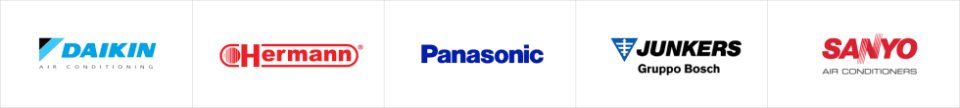 Loghi dei marchi Daikin, Herman, Panasonic, Junkers e Sanyo su sfondo bianco.