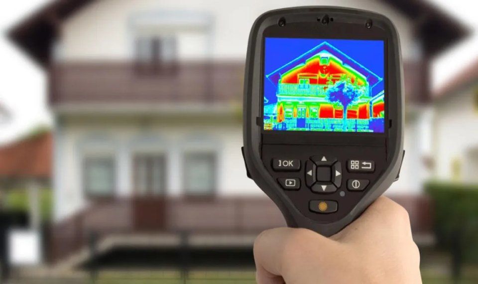 Termocamera portatile che mostra una mappa termica a colori dell'esterno di una casa.