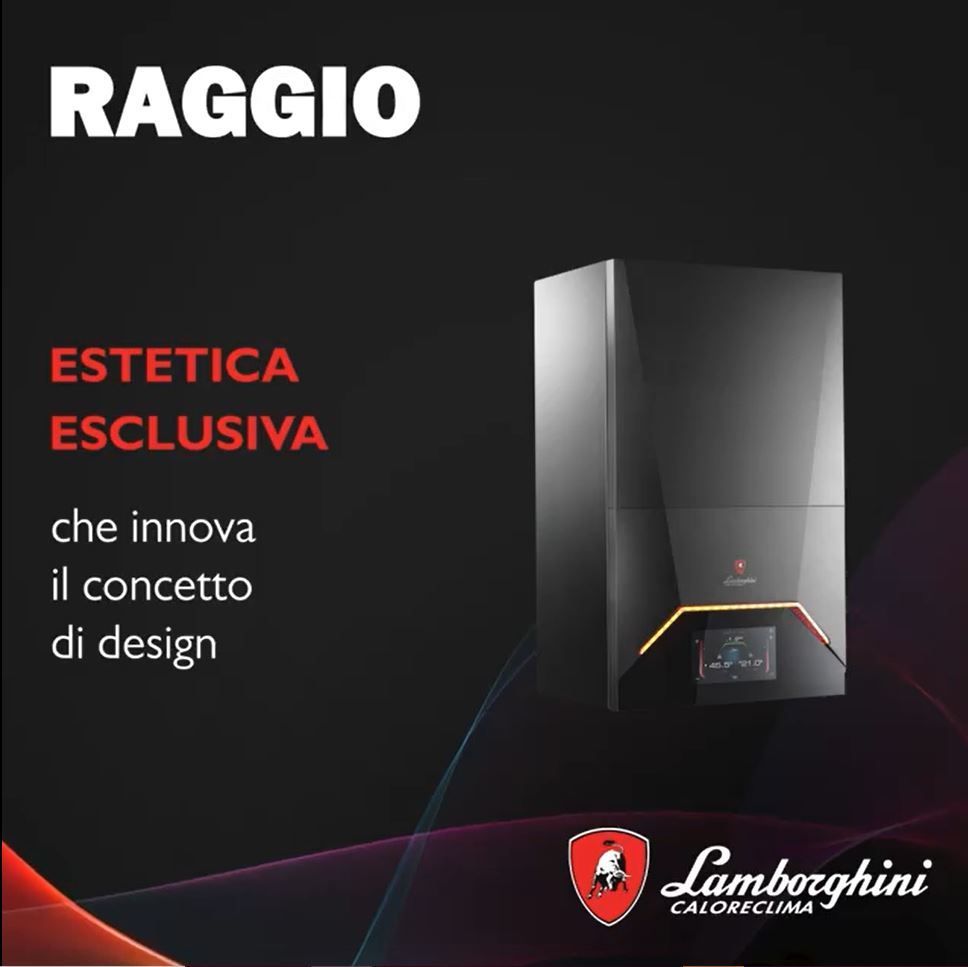 Manifesto pubblicitario della Lamborghini Raggio con sfondo nero, testo rosso e un elegante elettrodomestico nero centrato a destra.
