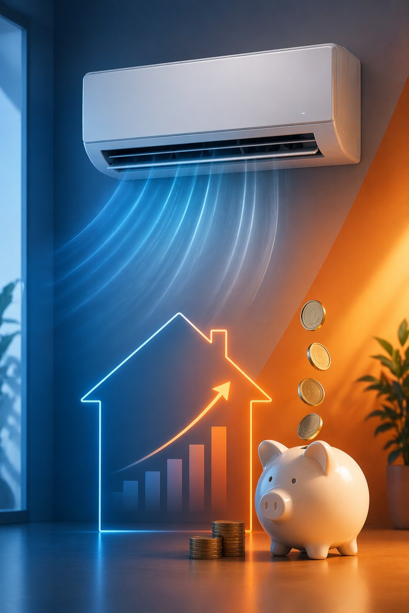 Condizionatore a parete sopra un luminoso grafico del consumo energetico domestico e un salvadanaio, con monete e una pianta in una calda stanza blu-arancione