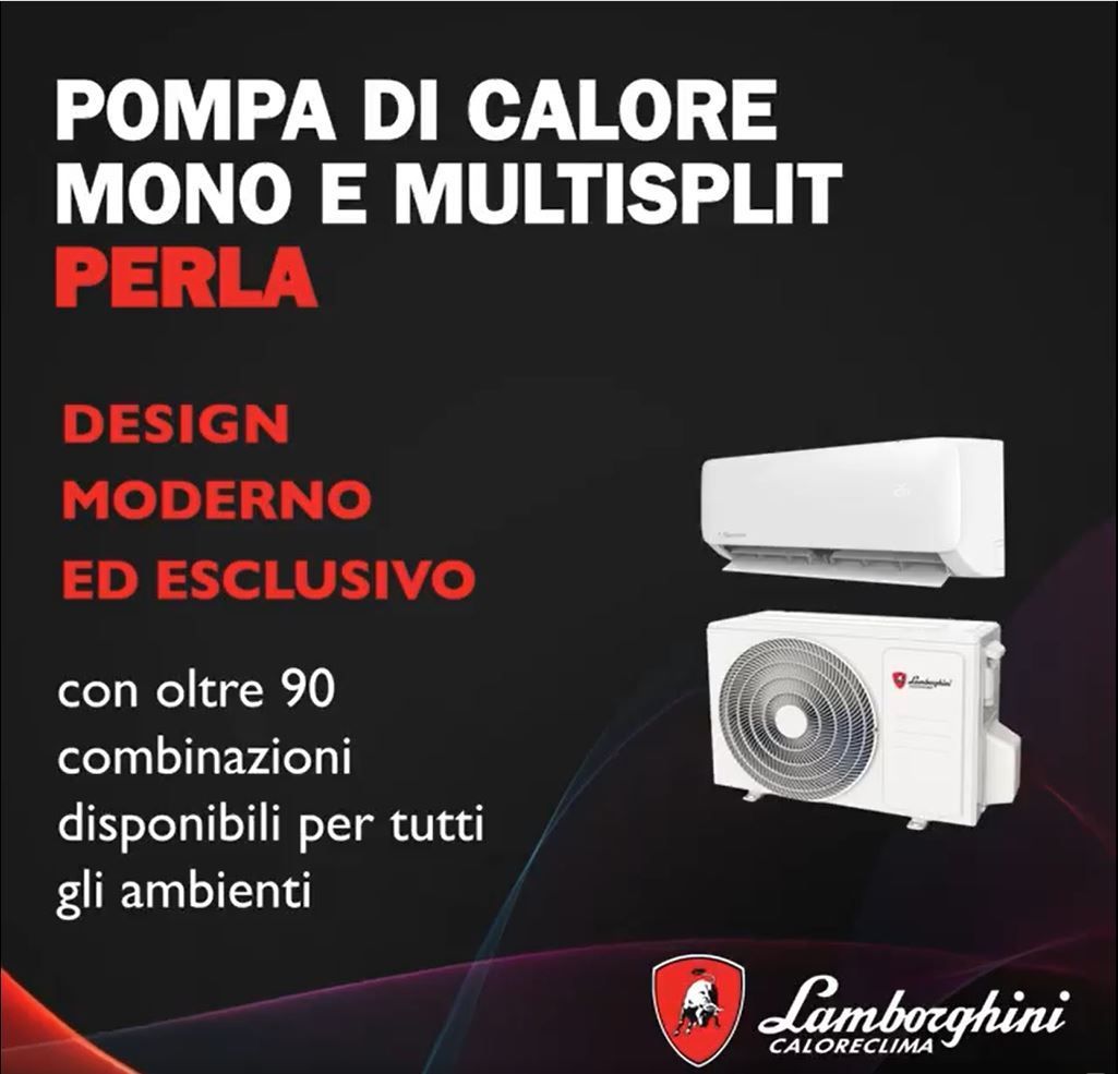 Pubblicità Lamborghini per le pompe di calore mono e multisplit PERLA, sfondo nero con unità bianche e testo rosso.