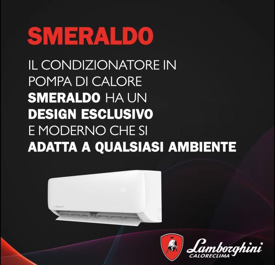 Pubblicità del condizionatore d'aria a pompa di calore Lamborghini Smeraldo con unità interna bianca su sfondo scuro.