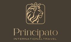 Logo di Principato International Travel con una testa di leone stilizzata su sfondo marrone scuro.