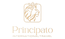 Logo di Principato International Travel con una testa di leone stilizzata su sfondo marrone scuro.