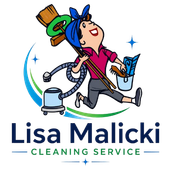 Lisa Malicki Cleaning Service logo with a cartoon cleaner, vacuum, broom, and blue sparkles