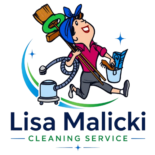 Lisa Malicki Cleaning Service logo with a cartoon cleaner, vacuum, broom, and blue sparkles