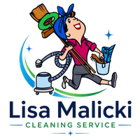 Lisa Malicki Cleaning Service logo with a cartoon cleaner, vacuum, broom, and blue sparkles