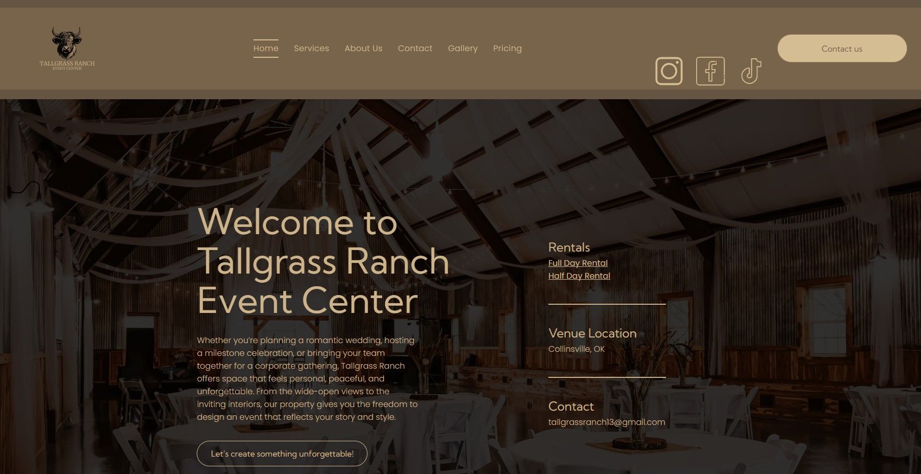 Website header for Tallgrass Ranch Event Center showing a rustic, decorated indoor event space in neutral, earthy tones.