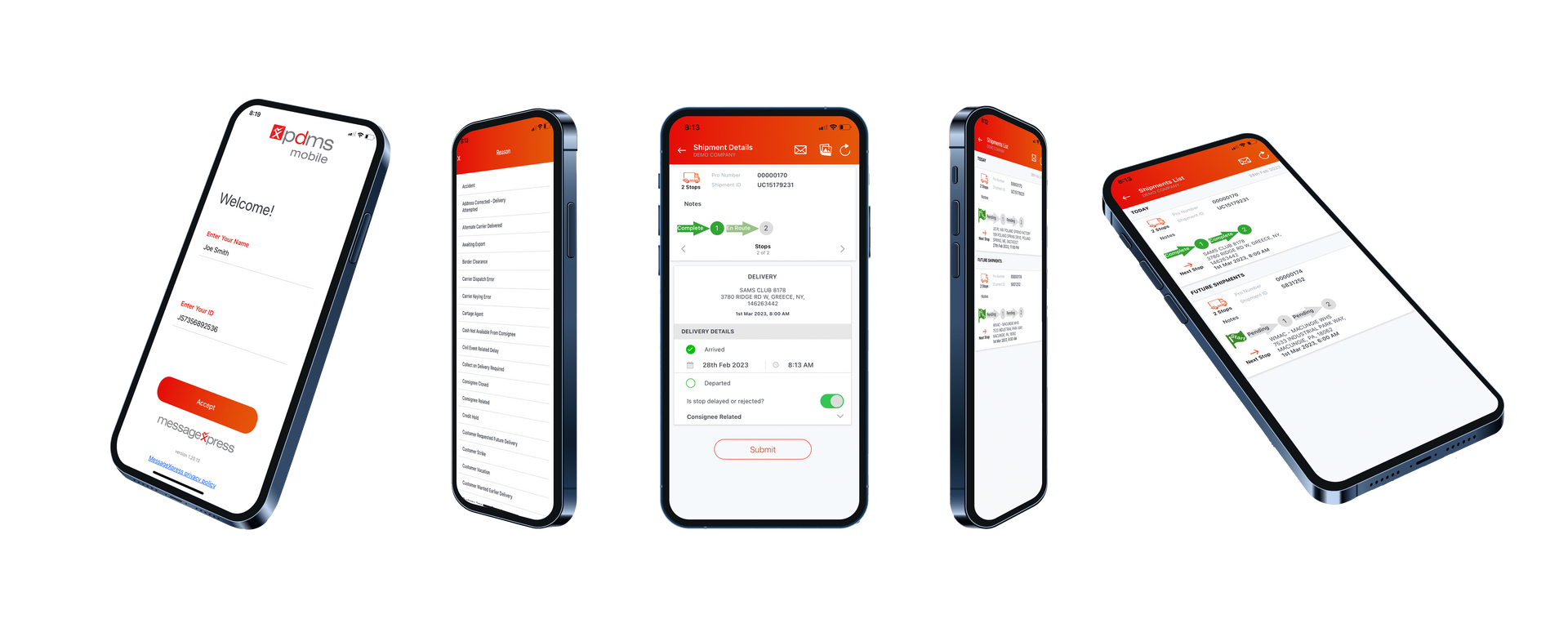 Five smartphones displayed at various angles, showing a mobile application interface with a white background and red accents.