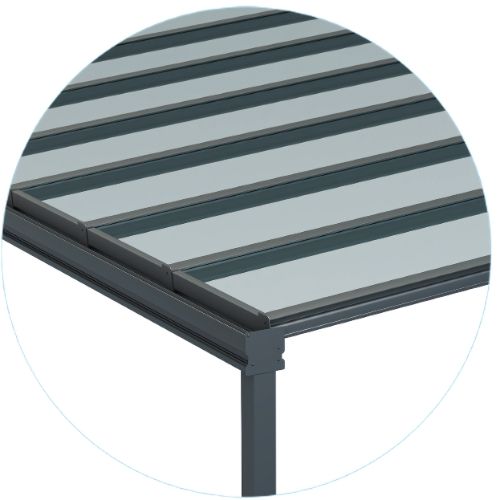 A close up of a roof with a gray stripe on it.